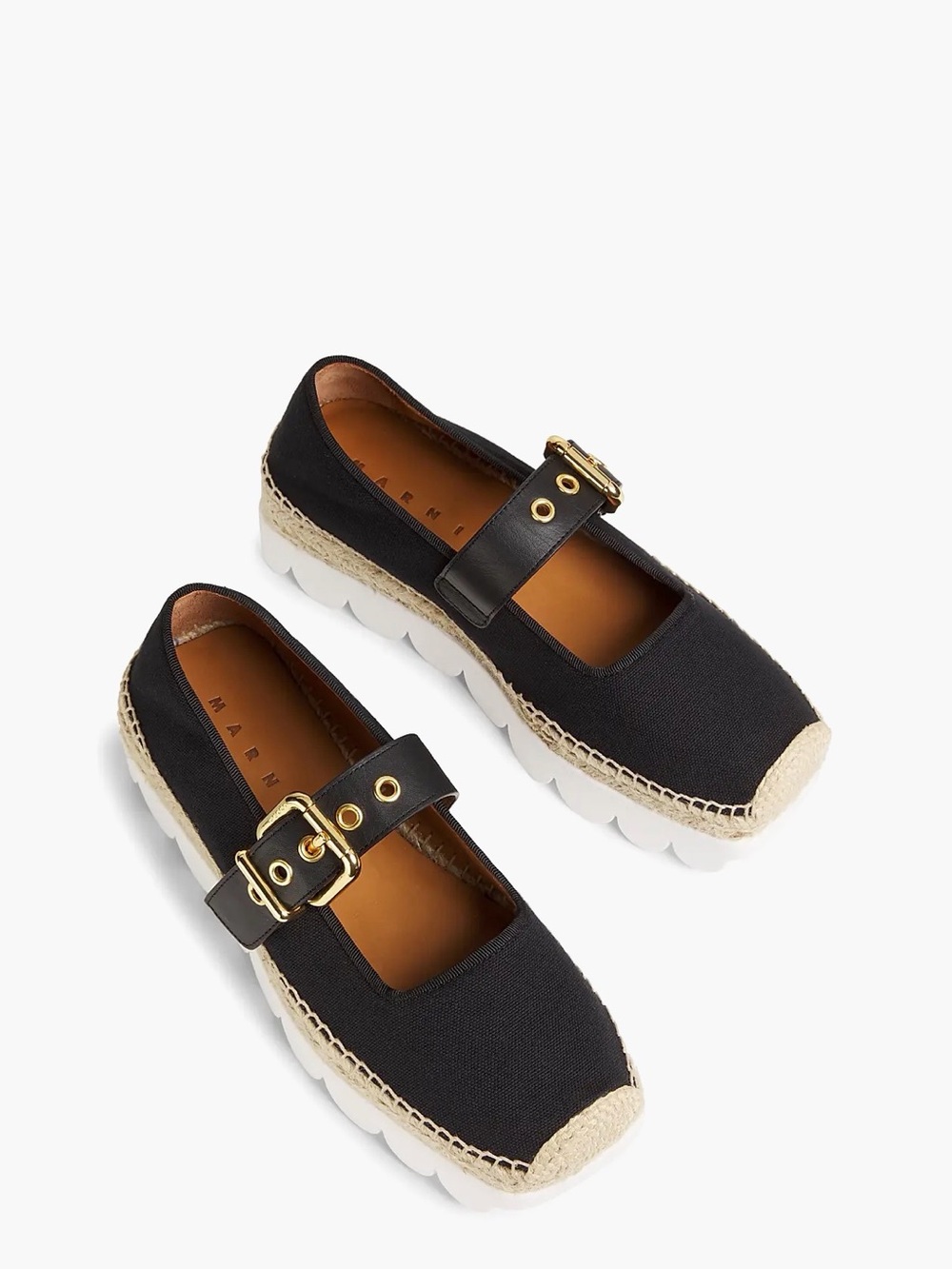 MARNI Black Canvas Mary Jane Espadrille with Gold Buckle